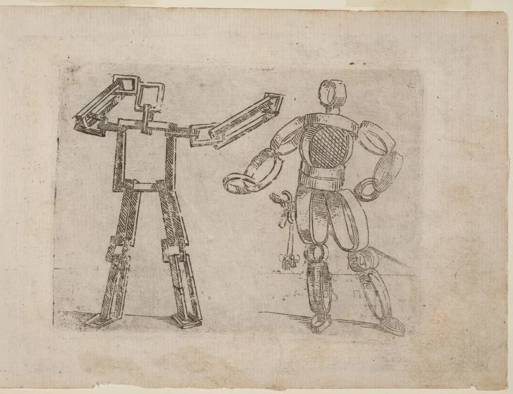 Bracelli's 1624 engraving of two whimsical figures built from mechanical and geometric parts
