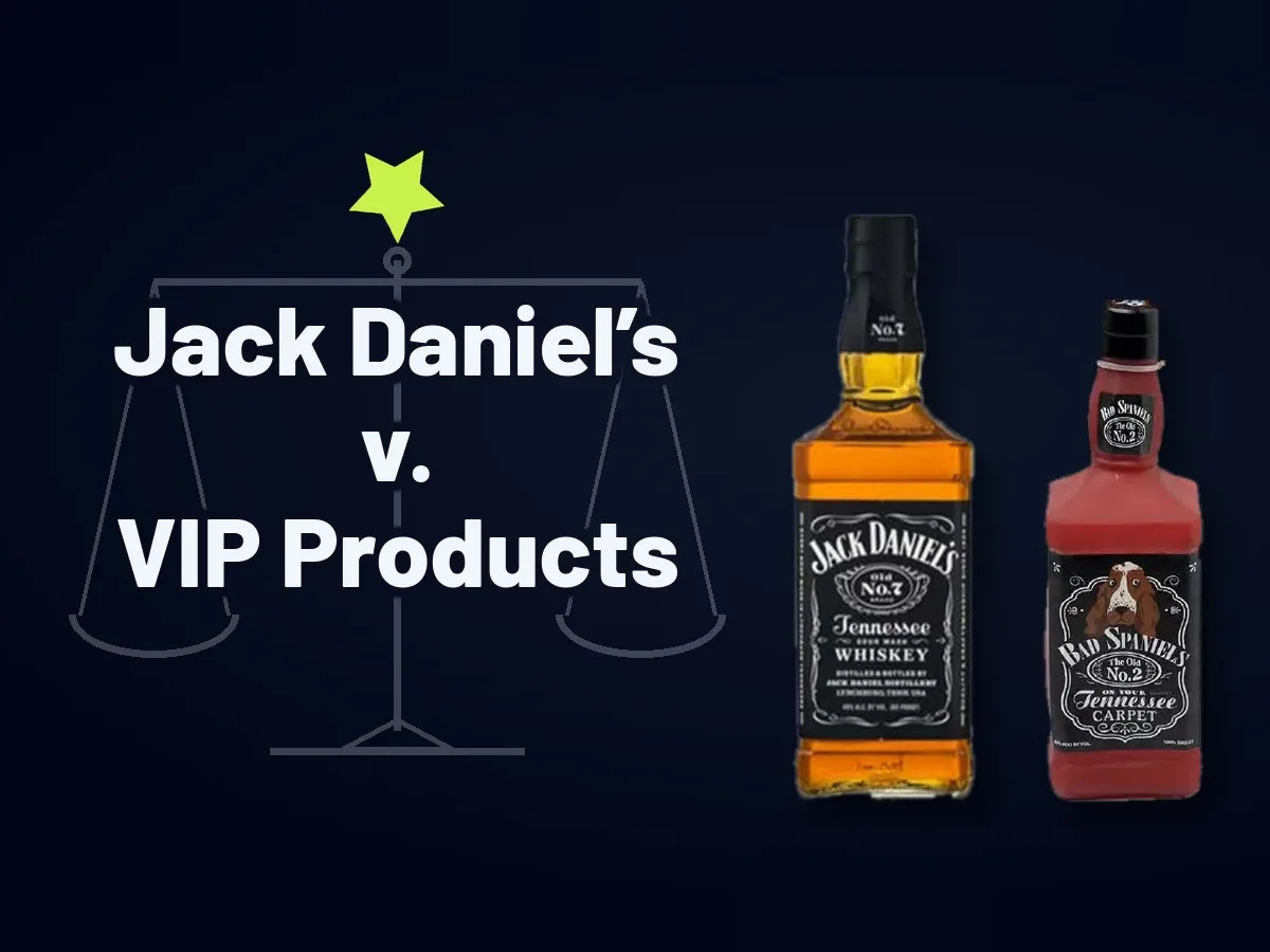 The Jack Daniel’s whiskey bottle beside VIP’s Bad Spaniels dog toy, as shown in the court record
