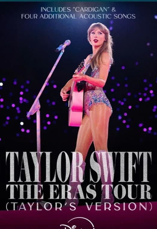 Taylor Swift Eras Tour poster: she plays a pink guitar in an iridescent bodysuit onstage