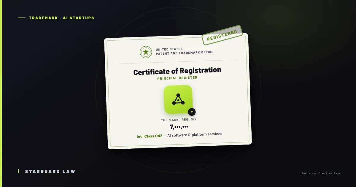 Certificat d'enregistrement de l'USPTO montrant une marque-logo de startup en IA enregistrée en classe 42